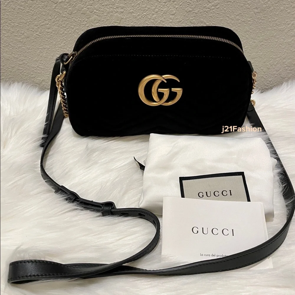 Gucci Camera Bag GG Marmont Velvet Small Black. - Picture 1 of 11